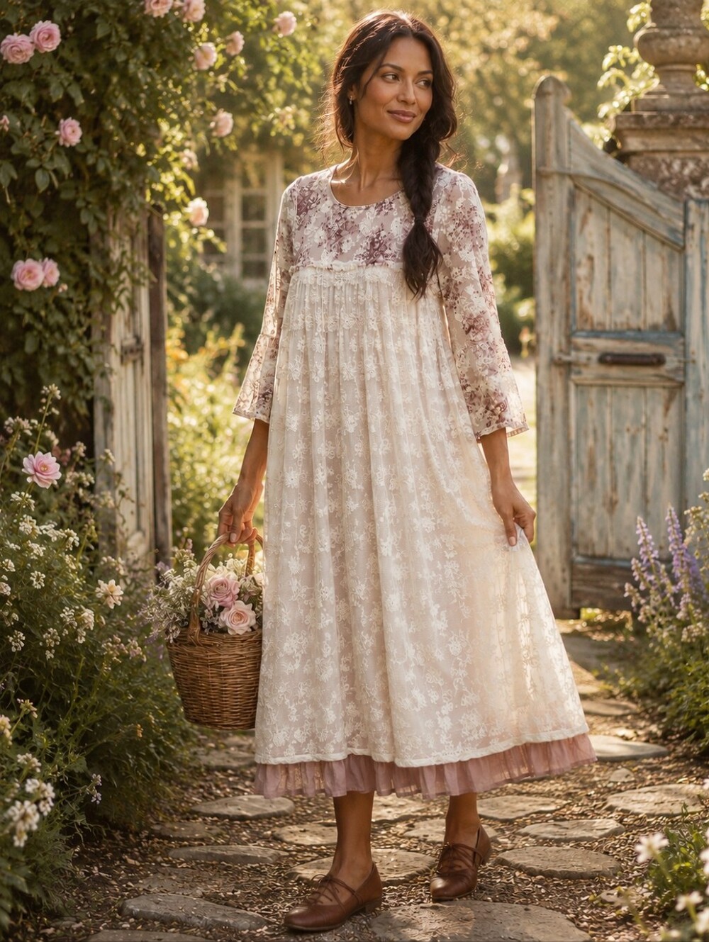 April Cornell Lace Overlay Floral Midi Dress Romantic Cottagecore S